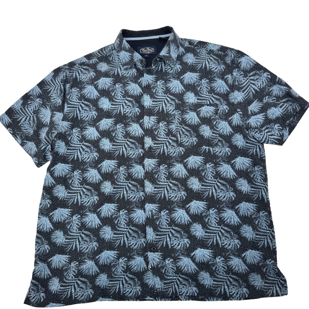 Nat Nast Shirt Mens Silk Blend Large Blue Black Tropical‎ Palm Luxury Resort